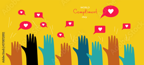 People exchange positive emotions and messages, compliment day, celebrating Valentine's day poster modern flat vector illustration