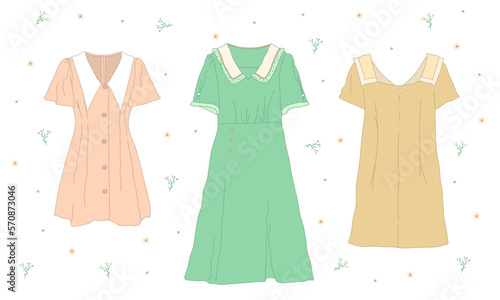 Beautiful womens dresses set. Vintage female apparel collection. Tender and pastel colors.