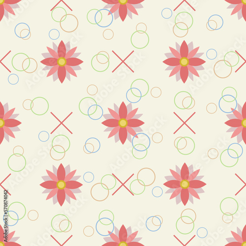 In this seamless pattern  the pink flowers arrangement stands out. It is decorated with circles that look like floating bubbles. Against a solid color background  it looks beautiful  warm and charming