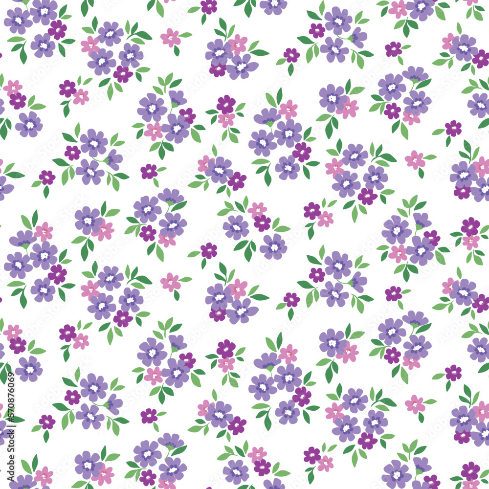 Seamless floral pattern, liberty ditsy print with tiny spring botany in rustic style. Cute botanical design: small hand drawn flowers, leaves, spring meadow on white background. Vector illustration.