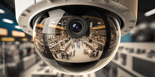 Close-up of a security camera's lens reflecting panorama of supermarket. Generative AI illustration photo