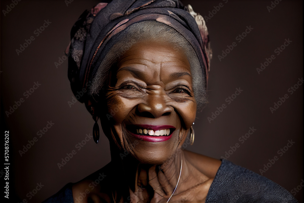 Portrait of senior afro american smiling woman. Generative AI illustration. Portrait of senior afro american smiling woman. Generative AI illustration.