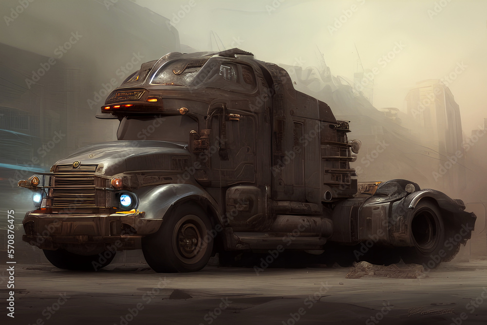 90's concept art truck with large wheels and a powerful body. Created with Generative AI technology