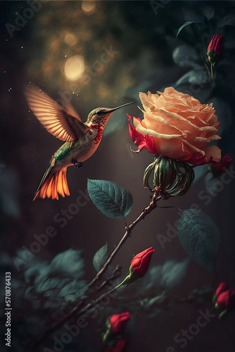 Macro image of a hummingbird flying next to a rose. Created with Generative AI technology