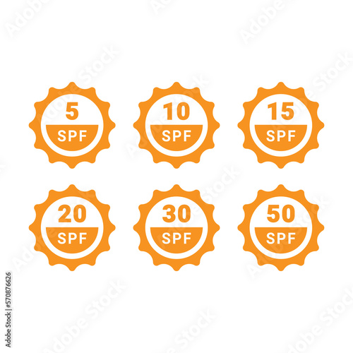Spf 5, 10 to 50 vector label set. Sun protection factor cream stamp.
