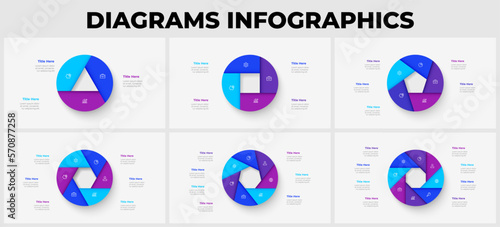Cycle diagram with 3, 4, 5, 6, 7 anf 8 options or steps. Slides for business presentation. Abstract infographics.