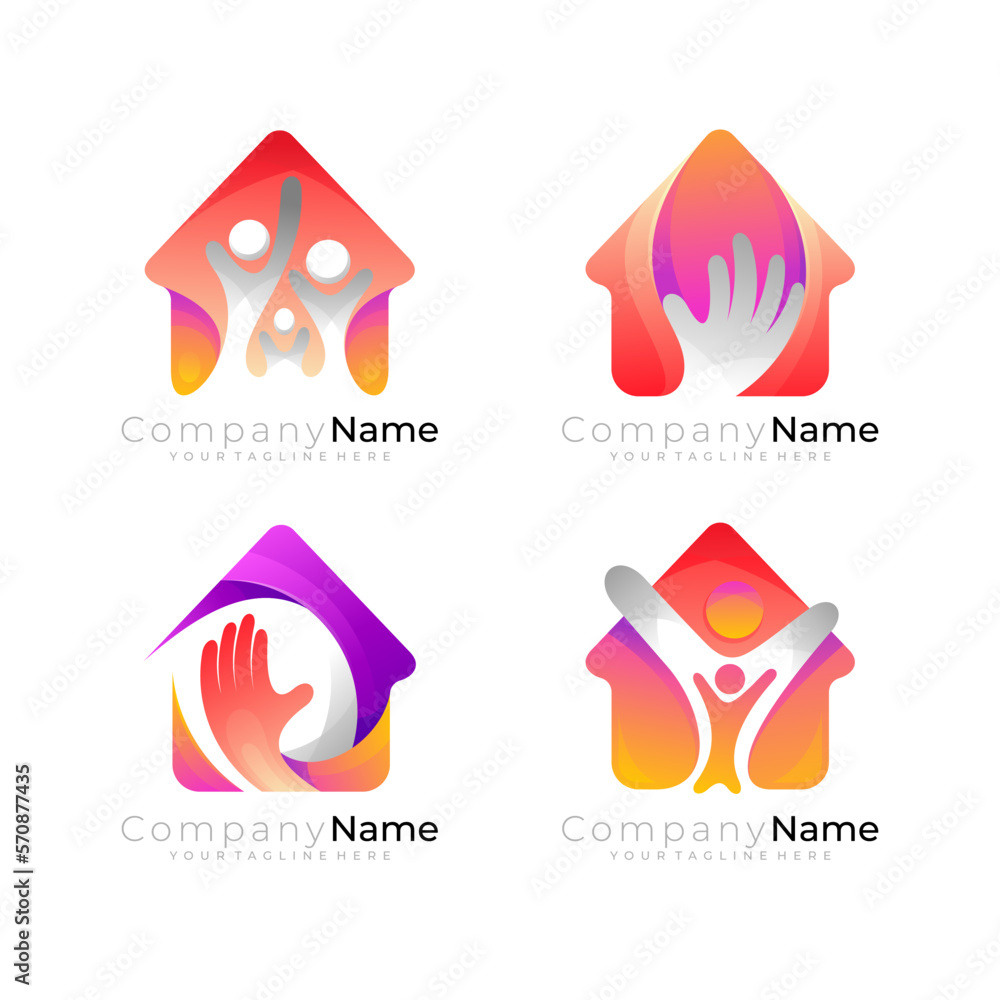 House logo and people care design vector, set home care logos