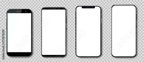 Set high quality realistic trendy different black models smartphone with empty touch screen, evolution of smartphones. Detailed mockup smartphone, model mobile - vector