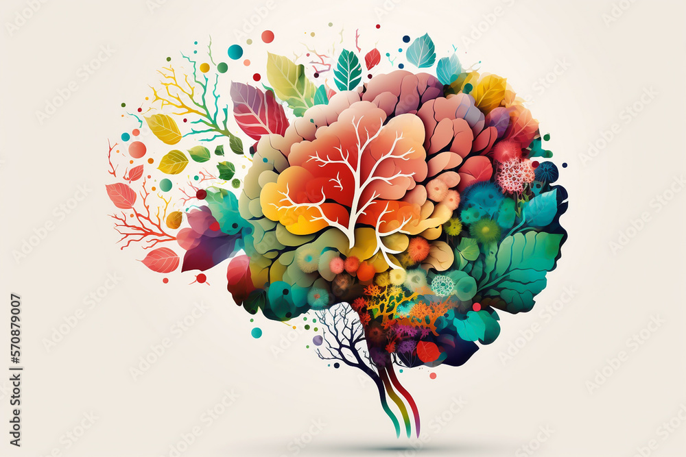 Floral human brain. Mental health concept. Colorful plants and leaves on white background