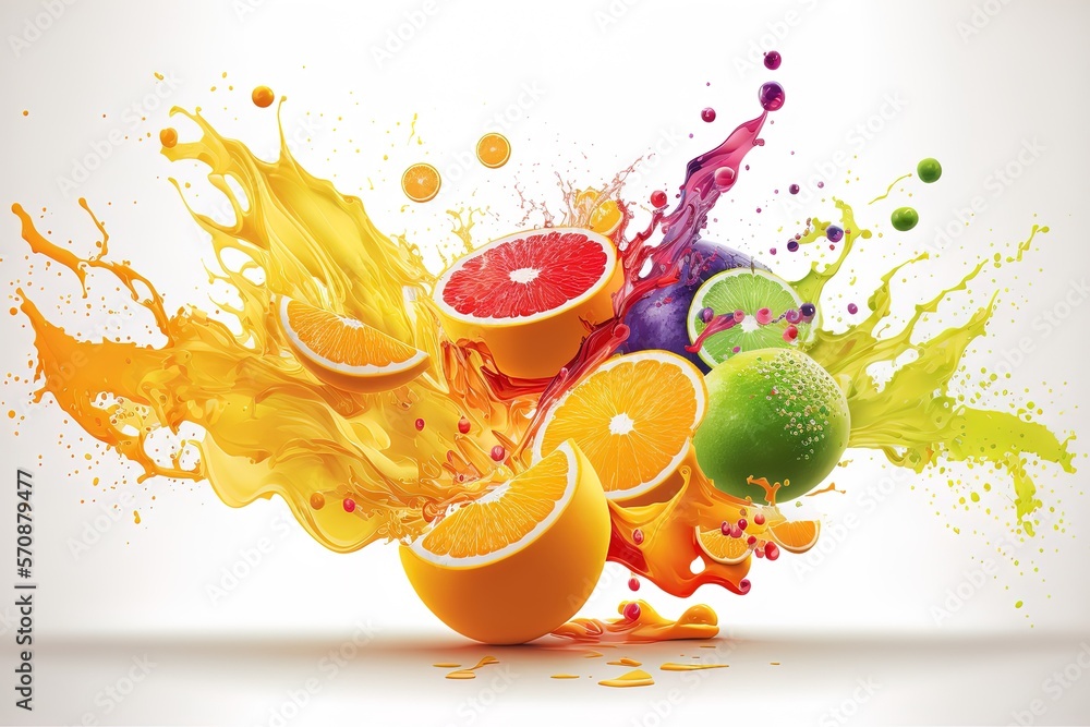 Color Scheme Rfuits fresh fruits and a splash of citrus juice on a white backdrop to create ...