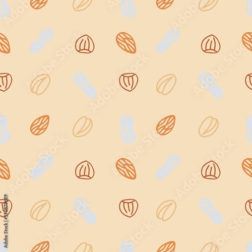 Seamless pattern with a graphic contour image of hazelnuts, almonds, pistachios and in-shell peanuts on a light yellow background, digital hand-drawing.