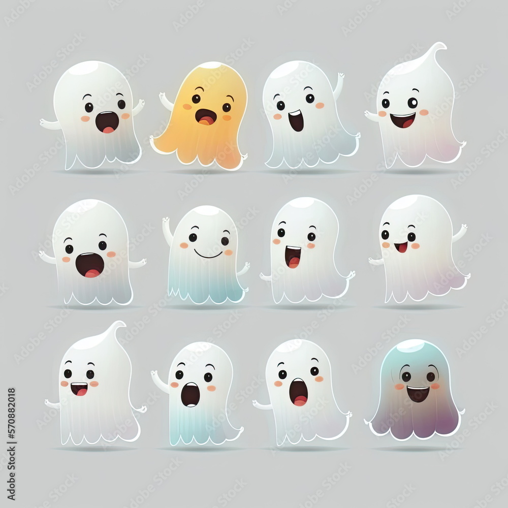 Collection of cute cartoon ghosts, happy and smile character white background, Made by AI,Artificial intelligence Collection of cute cartoon ghosts, happy and smile character white background, Made by AI,Artificial intelligence