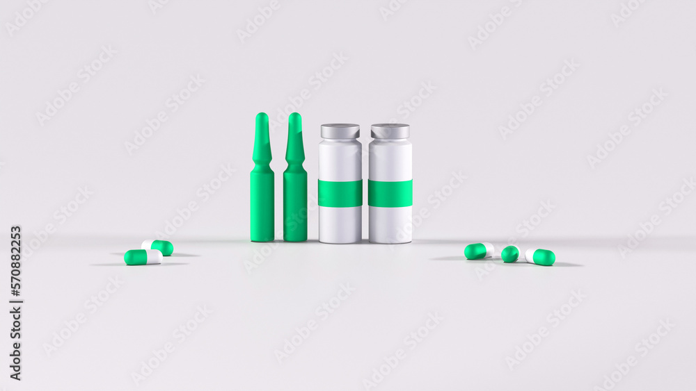 3D illustration, vaccine with pills for the treatment of diseases on a white background 3D illustration, vaccine with pills for the treatment of diseases on a white background