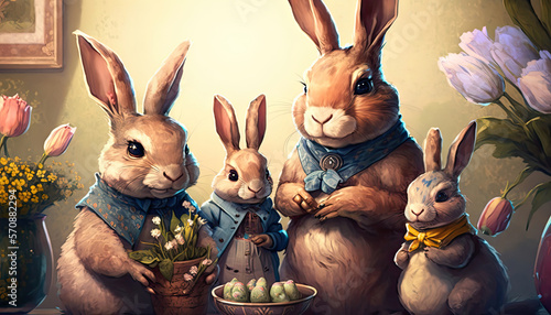 easter bunny family at home, flowers and easter eggs are to be discovered © StockMedia