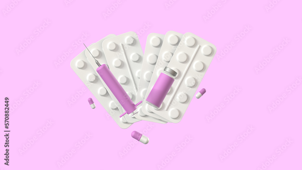 3D illustration of pills in a blister pack, vaccine, syringe and pills on a pink background