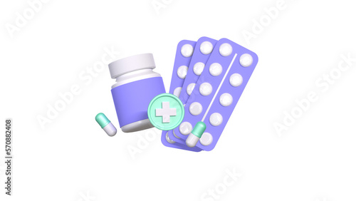 3D illustration bottle of pills, pills in a blister, medicine sign on a white background