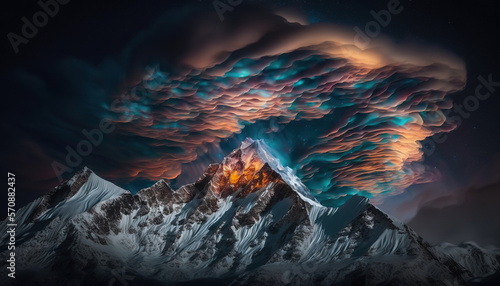 Iridescent clouds, rainbow color with long exposure  on the top of the mountain