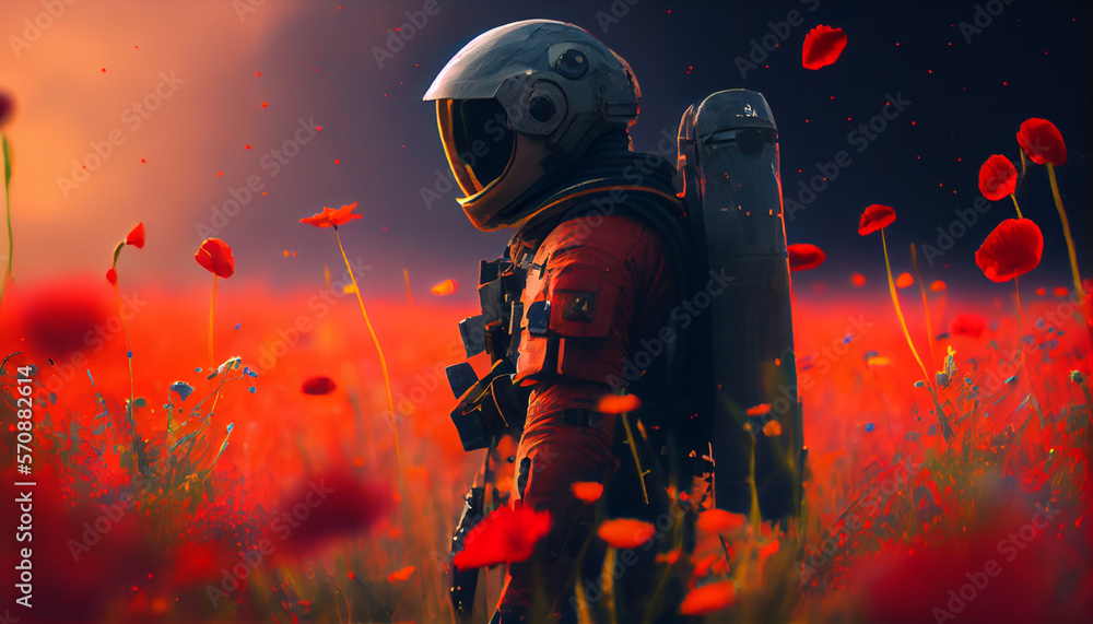 Cosmonaut in a field with red poppies.  Generative AI