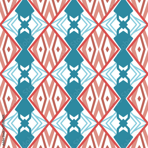Blue and Red Chevron Seamless Pattern with Tribal Shape. Pattern designed in Ikat, Aztec, Moroccan, Thai, Luxury Arabic Style. Ideal for Fabric Garment, Ceramics, Wallpaper. Vector Illustration.