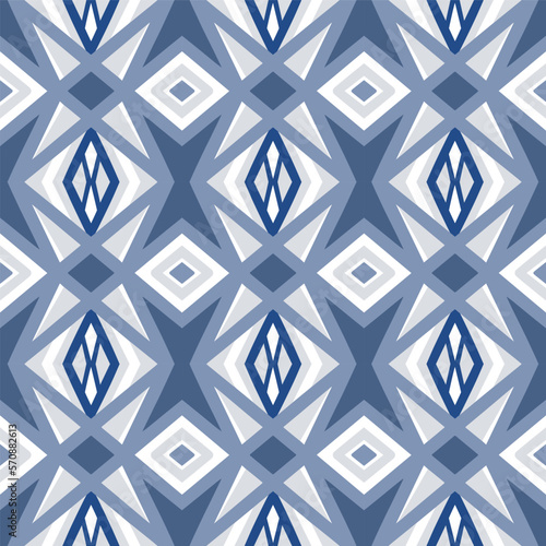 Blue Chevron Seamless Pattern with Tribal Shape. Pattern designed in Ikat, Aztec, Moroccan, Thai, Luxury Arabic Style. Ideal for Fabric Garment, Ceramics, Wallpaper. Vector Illustration.