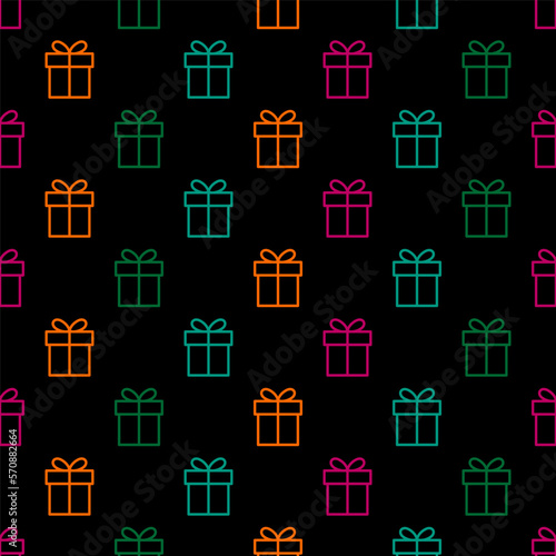 Black seamless pattern with colorful outline gift box.
