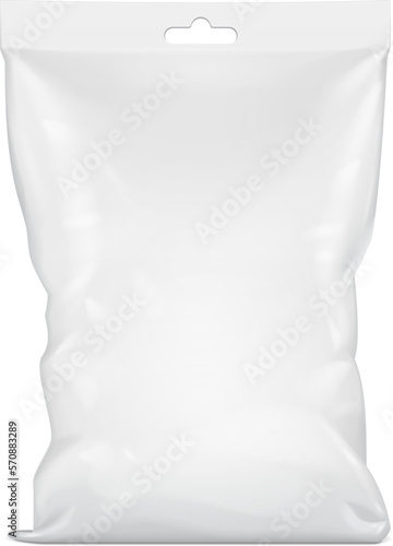 Mockup Blank Foil Or Paper Food Stand Up Pouch Snack Sachet Bag Packaging With Hang Slot. Illustration Isolated On White Background. Mock Up, Mockup Template Ready For Design. Vector EPS10