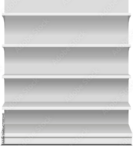 Mockup Blank Empty Showcase Display With Retail Shelves. Front View 3D. Illustration Isolated On White Background. Mock Up Template Ready For Design. Product Advertising. Vector EPS10
