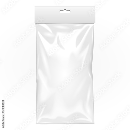 Mockup Blank Plastic Pocket Bag. Transparent. With Hang Slot. Illustration Isolated On White Background. Mock Up Template Ready For Design. Vector EPS10