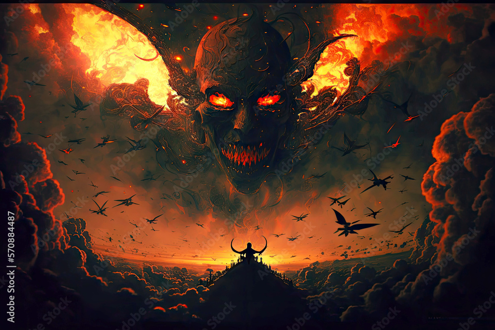 sky full of devils roaring and flying all over devil in hell ...