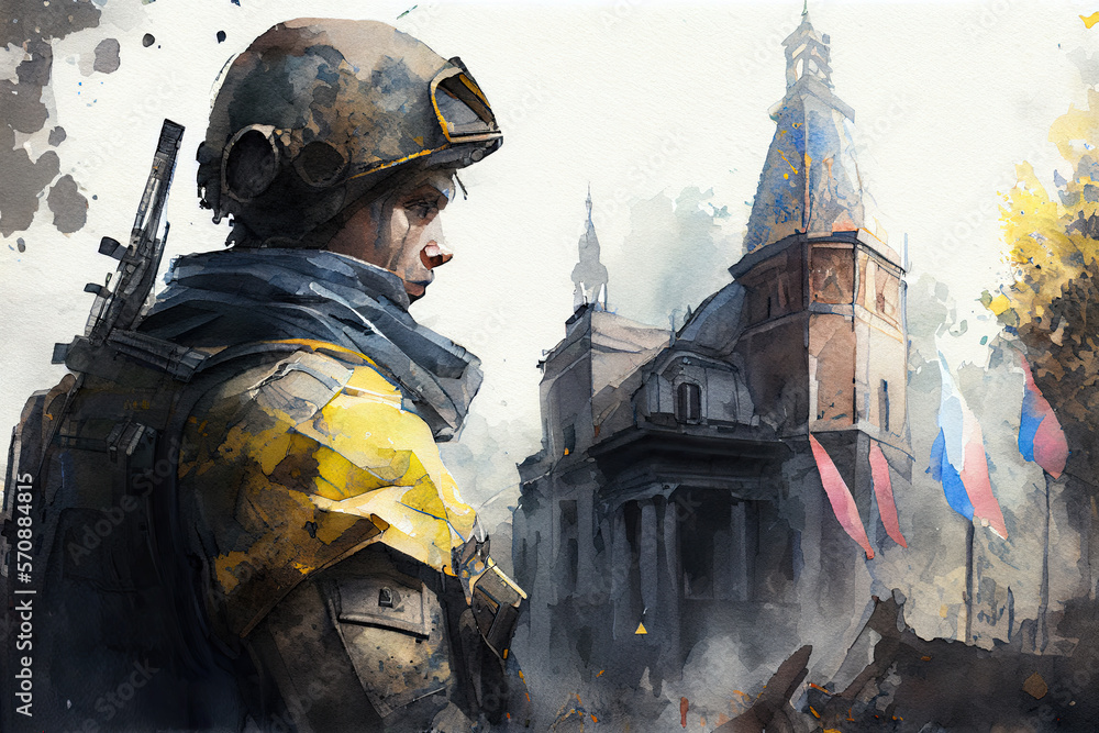 Close-up of a Ukrainian soldier on the battlefield, Watercolor, Soldier thinks about defending the Motherland of Ukraine. Generative AI illustration Close-up of a Ukrainian soldier on the battlefield, Watercolor, Soldier thinks about defending the Motherland of Ukraine. Generative AI illustration