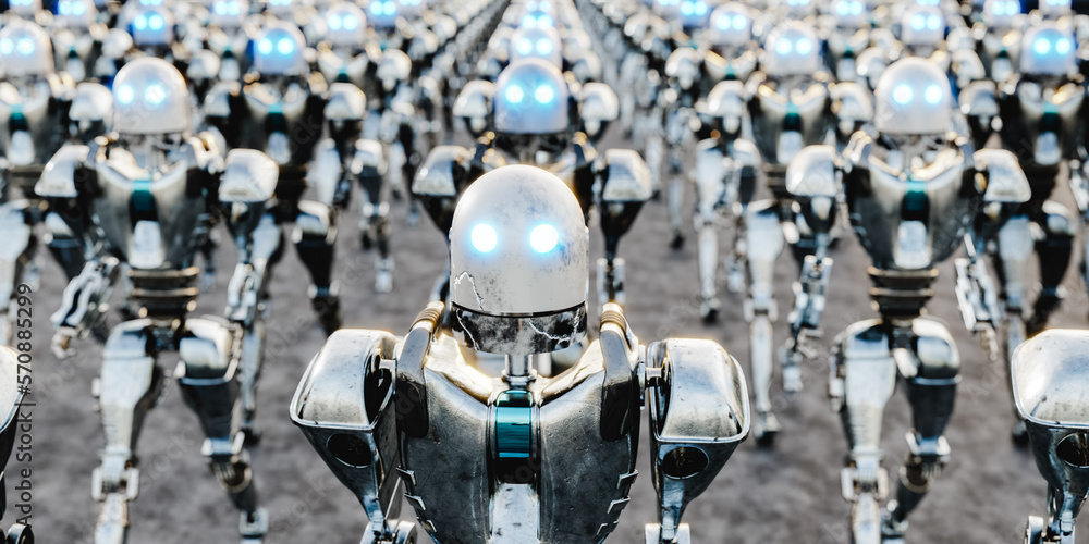 Many chrome robots in lines 3d render Many chrome robots in lines 3d render