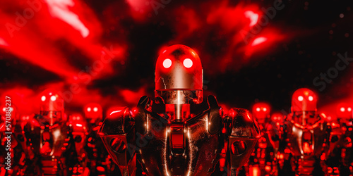 Spooky robots with glowing neon eyes in futuristic neon room. 3d render