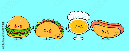 Cute, funny happy glass of beer, hot dog, hamburger, taco . Vector hand drawn cartoon kawaii characters, illustration icon. Funny cartoon glass of beer, hot dog, hamburger, taco mascot friends concept