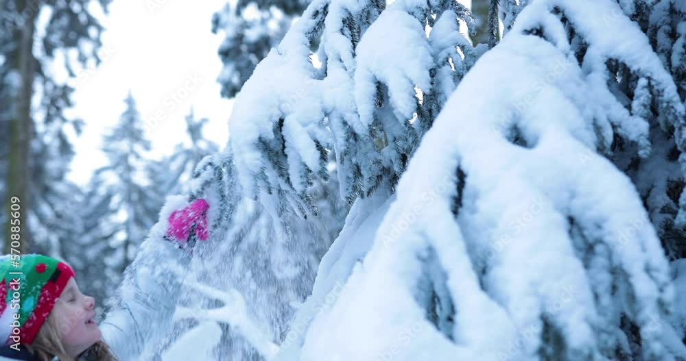 Adorable happy child girl shaking snow of pine tree laughing in big forest. High quality 4k footage Adorable happy child girl shaking snow of pine tree laughing in big forest. High quality 4k footage