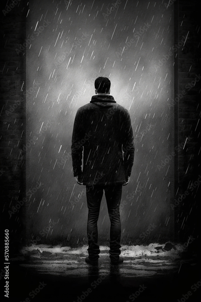 Generative AI Illustration.A gloomy dark concept of a dark figure of a man shrouded in fog and standing with his back to the camera. It's raining. Generative AI Illustration.A gloomy dark concept of a dark figure of a man shrouded in fog and standing with his back to the camera. It's raining.