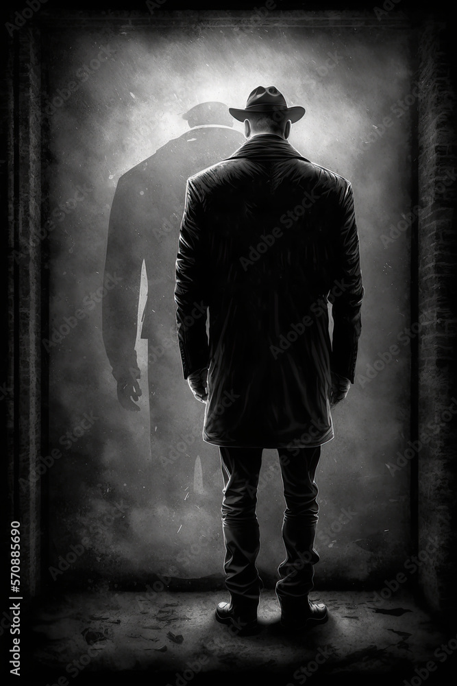 A gloomy dark concept of a dark figure of a man shrouded in fog and standing with his back to the camera. Generative AI. Illustration. A gloomy dark concept of a dark figure of a man shrouded in fog and standing with his back to the camera. Generative AI. Illustration.