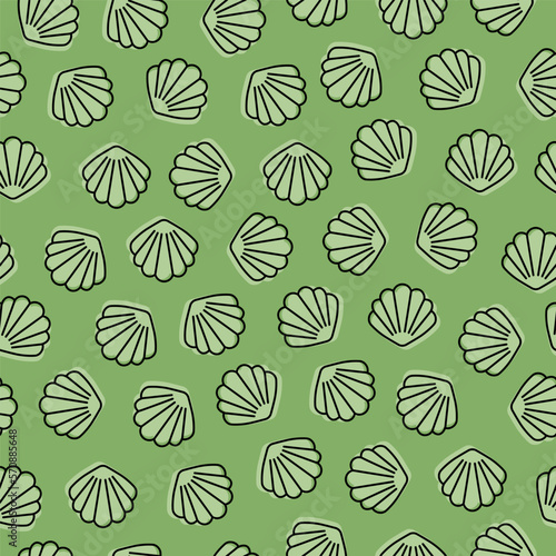 Green seamless pattern with seashell