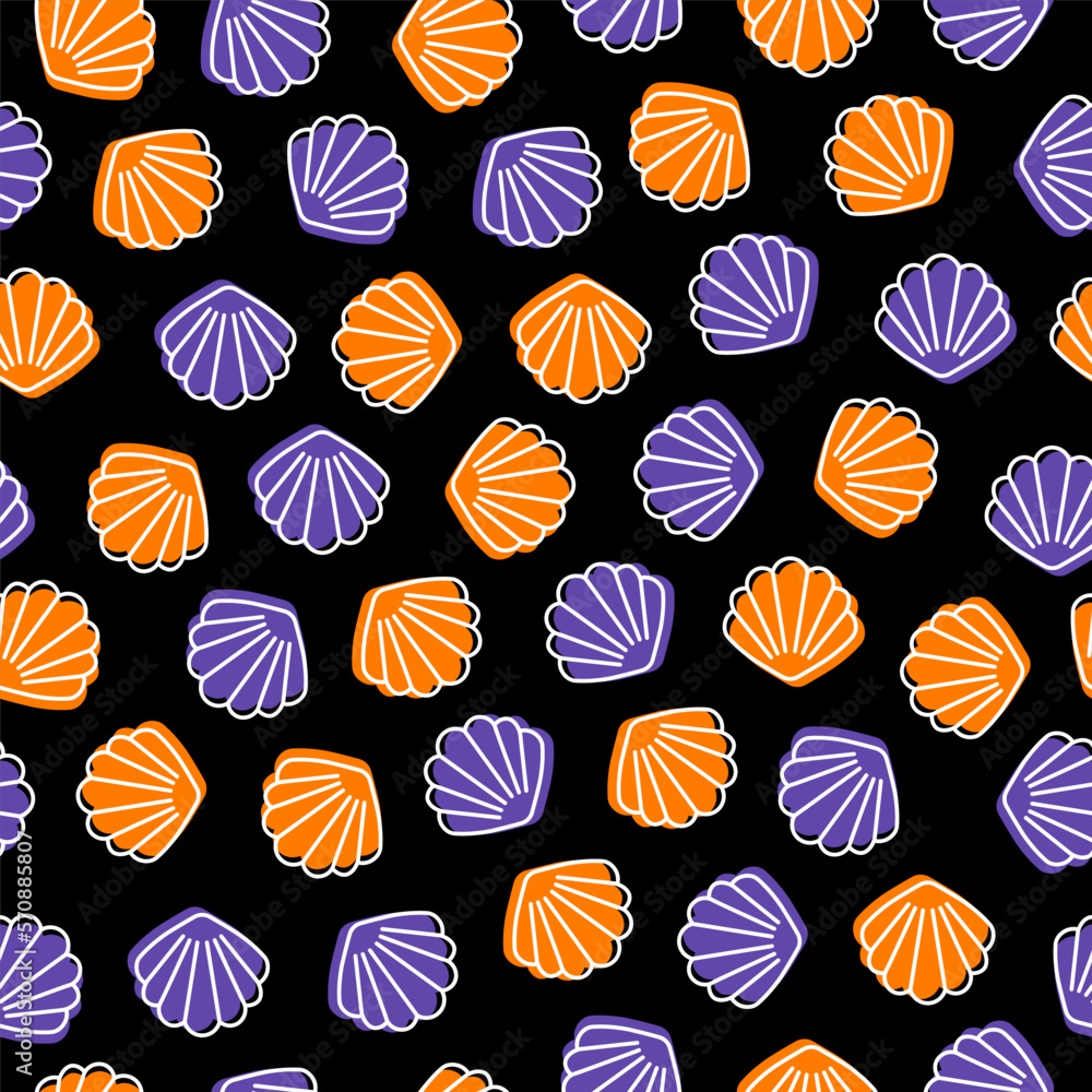 Black seamless pattern with orange and purple seashell Black seamless pattern with orange and purple seashell