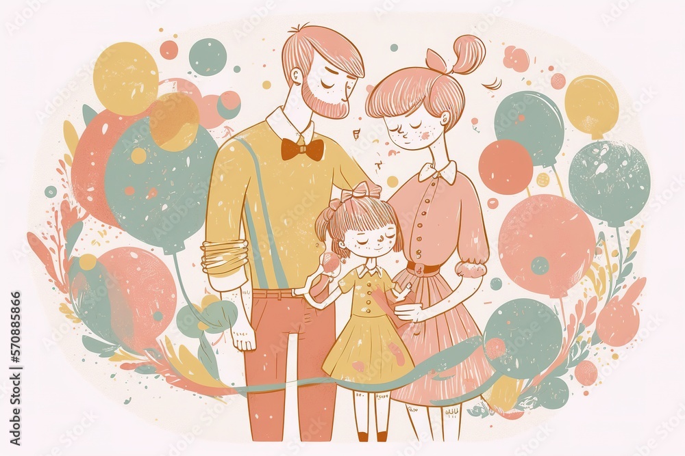 a minimalist illustration of a happy loving family with kids, portrait in pastel colors a minimalist illustration of a happy loving family with kids, portrait in pastel colors