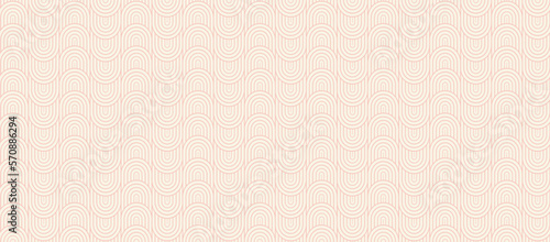 Decorative soft pink wallpaper with rainbows. Delicate, light-toned pattern with semicircles. Poster for accent wall with arches. Wall decor and mural for nursery. Vector background.	