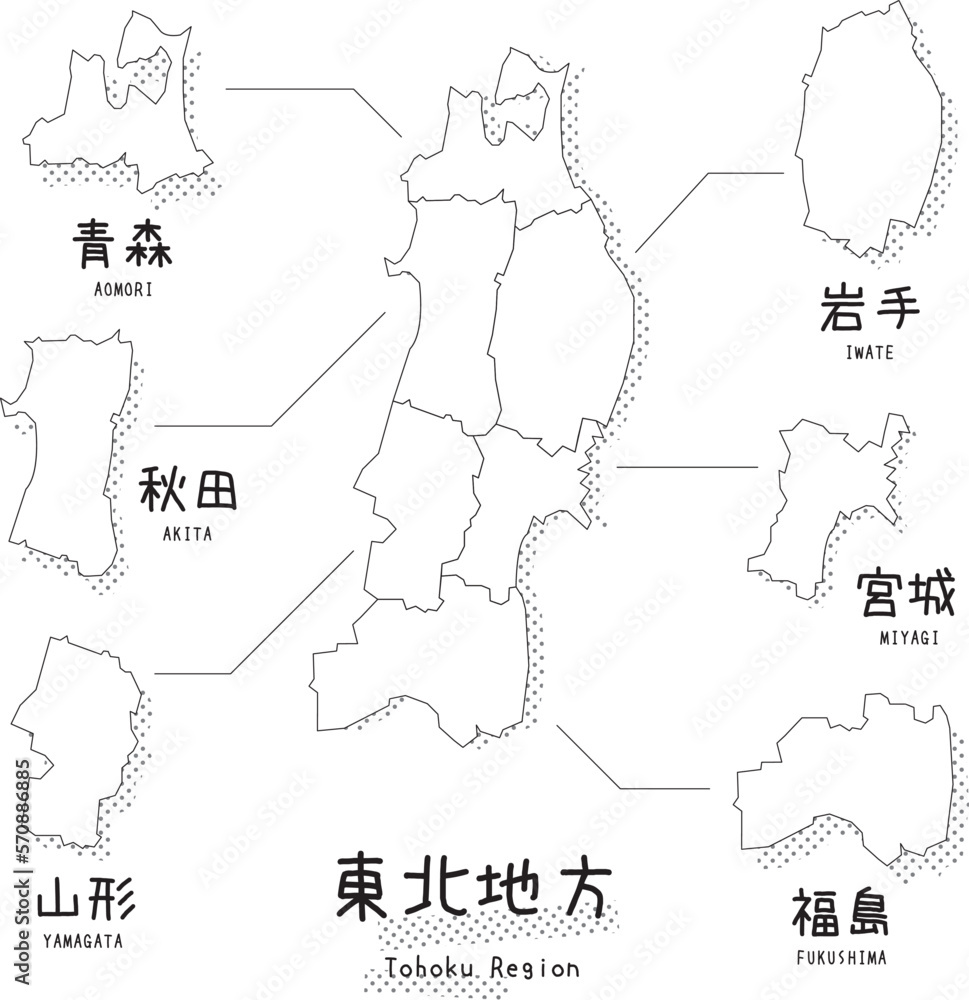 日本の東北地方のマップ（線画）