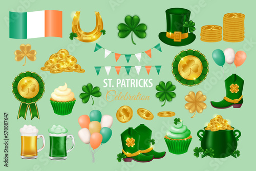 St patricks day set. Leprechaun hat, boots, beer, ale, gold coins, pot of gold, horseshoe, garland with flags and flag of Ireland, shamrock, balloons, award, clover.Vector icons set.