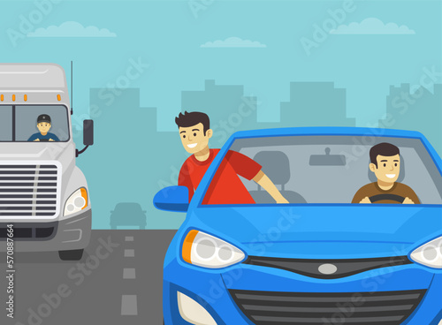 Safety car driving tips and rules. Reckless male character leaning out the car front window. Guys in a blue car on the highway. Guy dangles out car window. Flat vector illustration template.