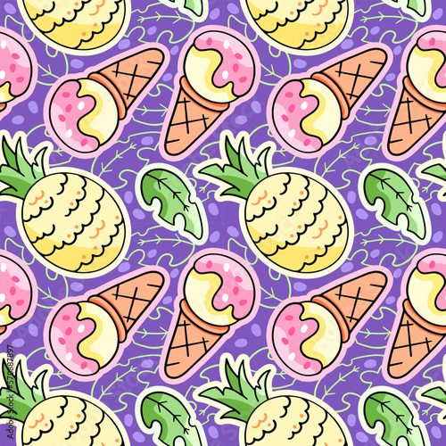 Ice cream and pineapple, summer and refreshing pattern, vector seamless pattern in the style of doodles, hand drawn