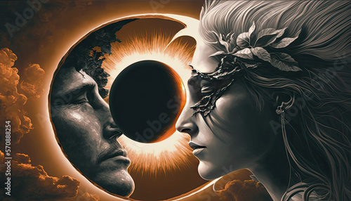 picture of couple just before kiss, separated by solar eclipse