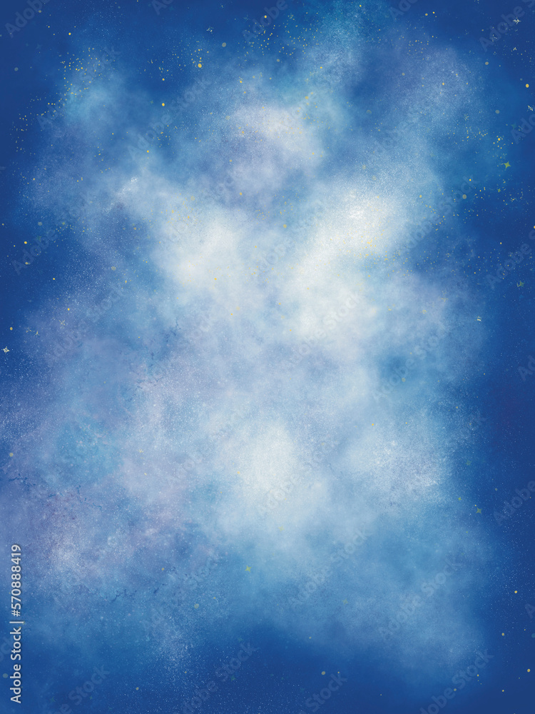 Graphic illustration of galaxy universe space , colourful blue background. Space stars and nebula as purple abstract backside. Idea for banner, poster, science picture for children’s