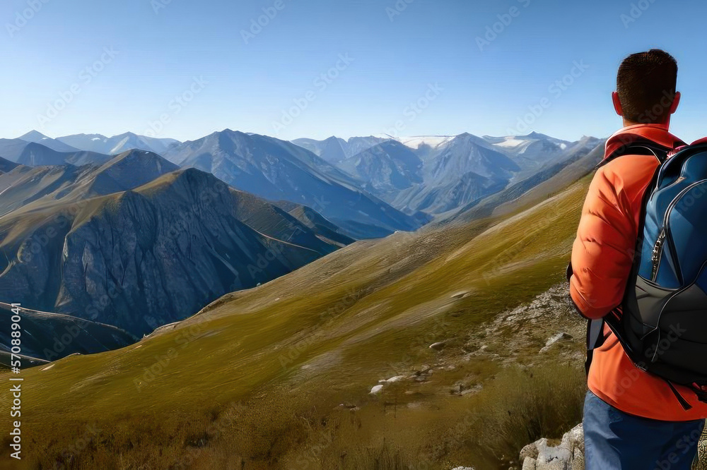 A man with a backpack stands with his back in the mountains. AI generative.