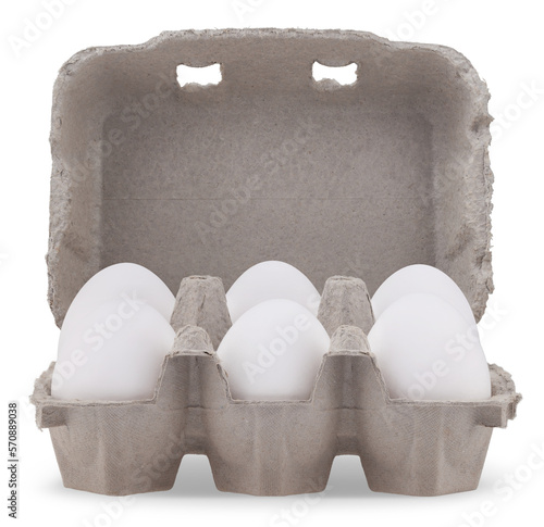 six white eggs in box cardboard, isolated on transparent background. Template for Happy Easter, copy space for advertising promotional shopping sale banner or ticket price photo