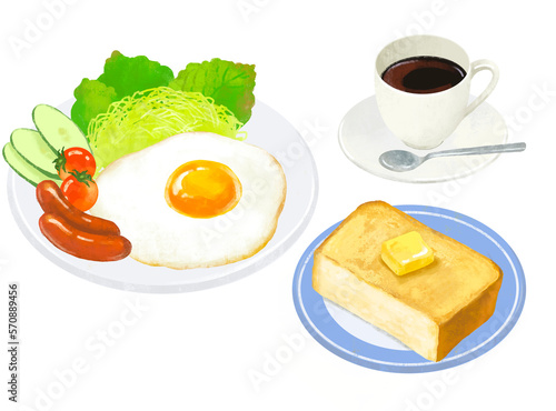 モーニングセット　目玉焼き　コーヒー　トースト