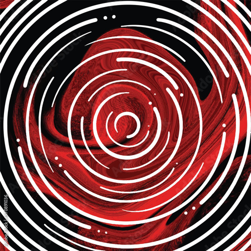 Abstract black and red swirling and wavy background with white circular circle water drop like decoration vector illustration isolated on square template.
